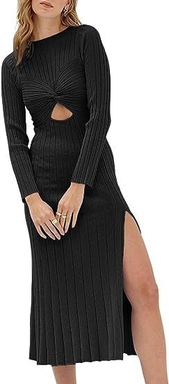 Hollow Knot Pullover Knit Split Dress Women Long Sleeve Slim Crochet Knitted Maxi Vestidos Autumn Lady's Commuter Office Robe