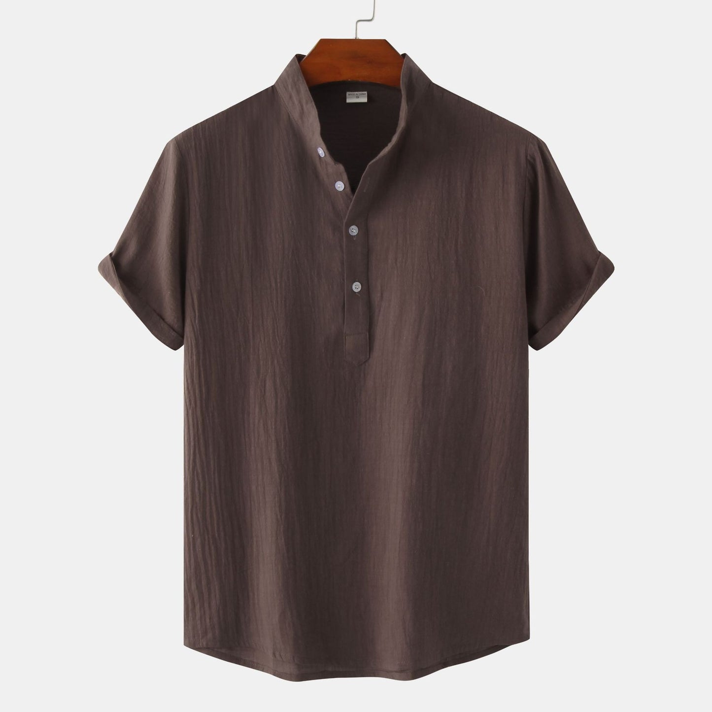 Summer Mens Cotton and Linen Standing Collar Casual Short Sleeved Shirt Beach T Shirt Shirt Mens Clothing