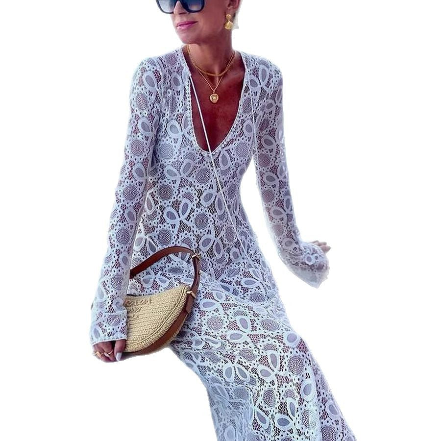 Long Sleeve Tie-Up Dress, Casual Loose Vacation Split Dress