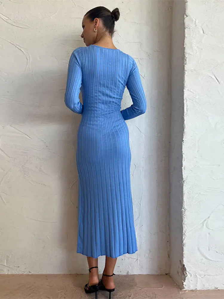 Hollow Knot Pullover Knit Split Dress Women Long Sleeve Slim Crochet Knitted Maxi Vestidos Autumn Lady's Commuter Office Robe