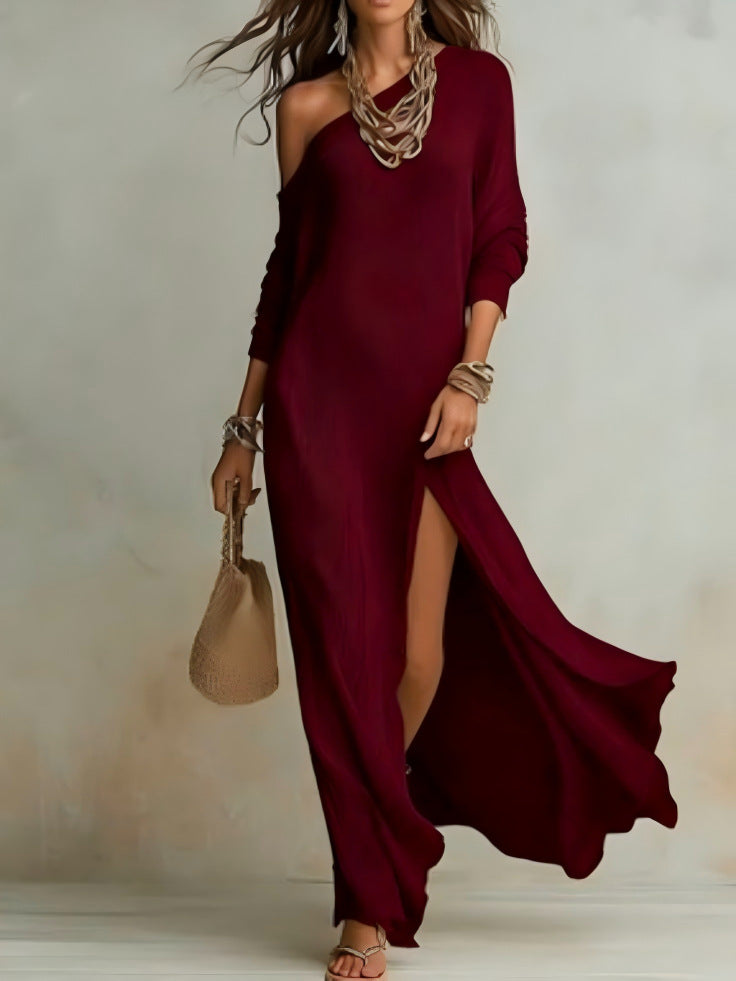 Long Sleeve Knit Pleated Split Women's Dress