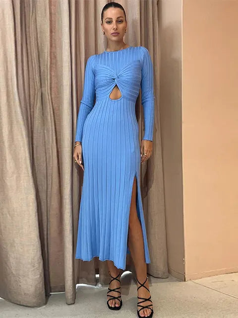 Hollow Knot Pullover Knit Split Dress Women Long Sleeve Slim Crochet Knitted Maxi Vestidos Autumn Lady's Commuter Office Robe