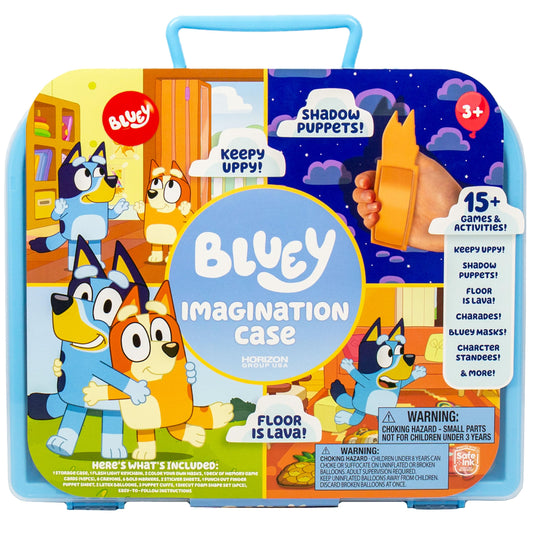 Bluey Imagination Case 15 Games & Activities Travel-Friendly Bluey Playset With Markers Crayons Balloons Puppets & Games for 3 Year Olds Fun Bluey Toys & Toddler Games Bluey Party Decorations
