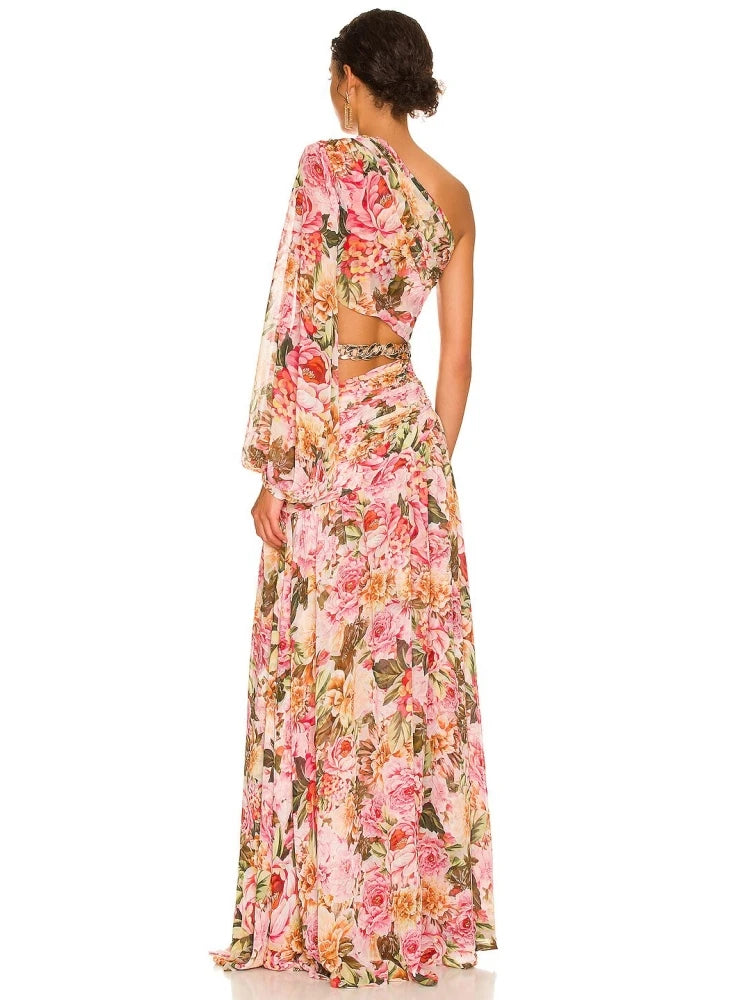 Summer Floral Print One Shoulder Maxi Dress Sexy Diagonal Neck Long Sleeve Hollow Out Chain Split Long Dress Evening Party Dress