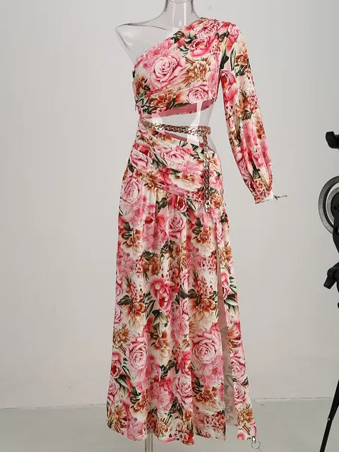 Summer Floral Print One Shoulder Maxi Dress Sexy Diagonal Neck Long Sleeve Hollow Out Chain Split Long Dress Evening Party Dress