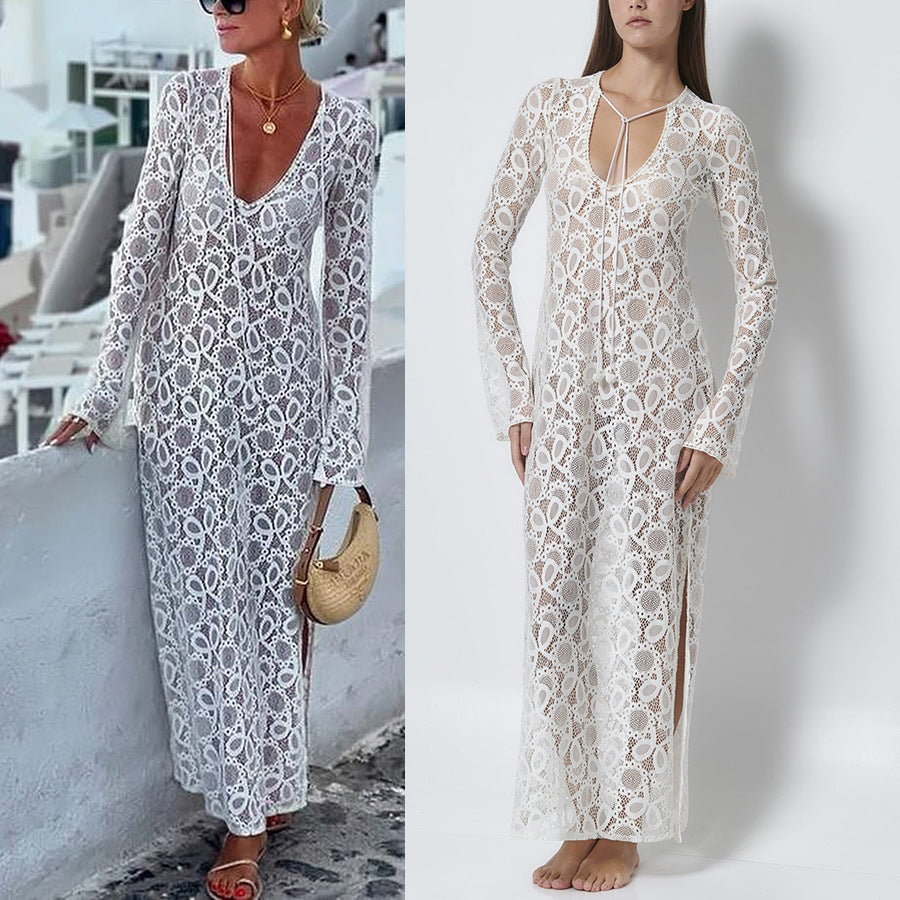 Long Sleeve Tie-Up Dress, Casual Loose Vacation Split Dress