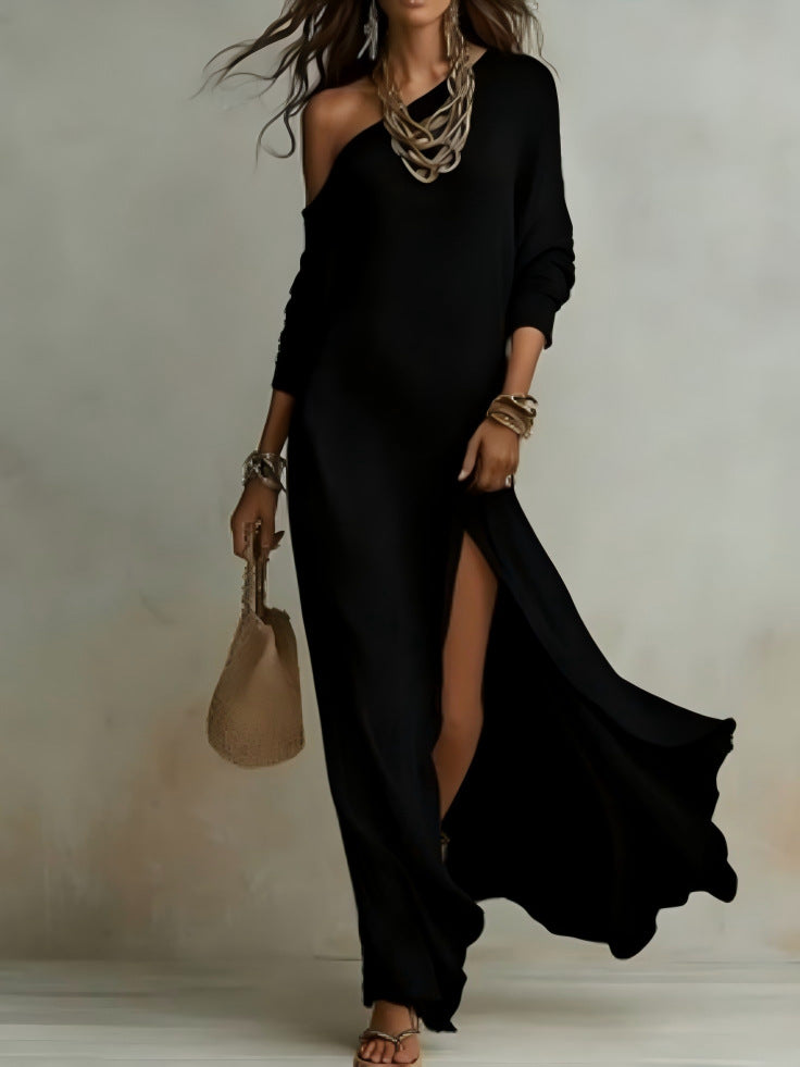 Long Sleeve Knit Pleated Split Women's Dress