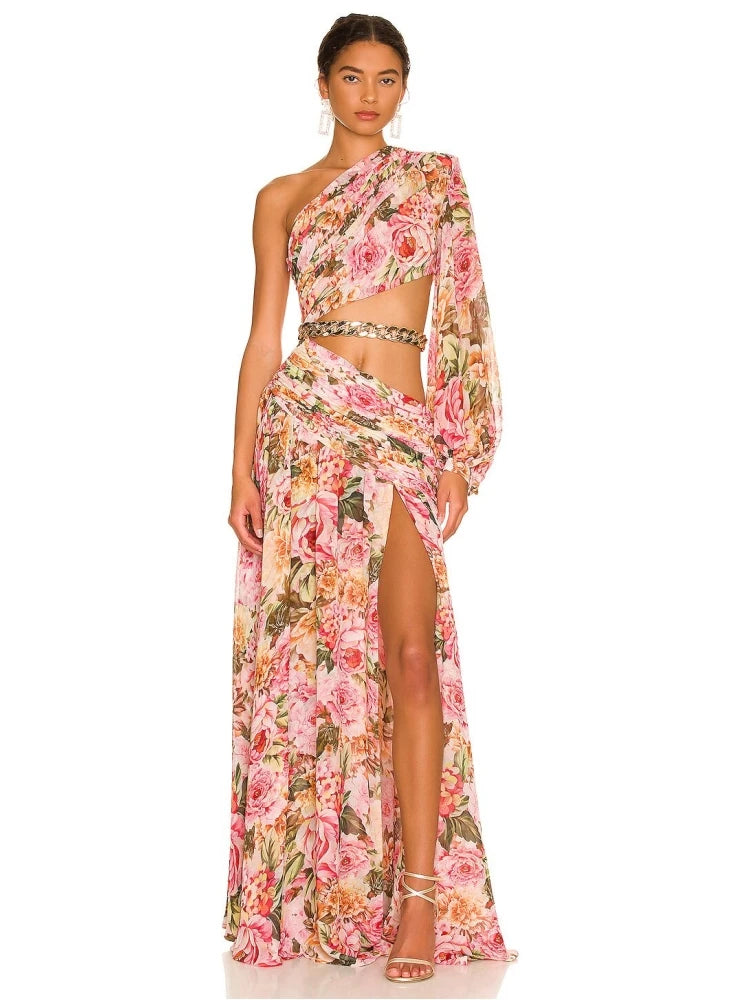 Summer Floral Print One Shoulder Maxi Dress Sexy Diagonal Neck Long Sleeve Hollow Out Chain Split Long Dress Evening Party Dress