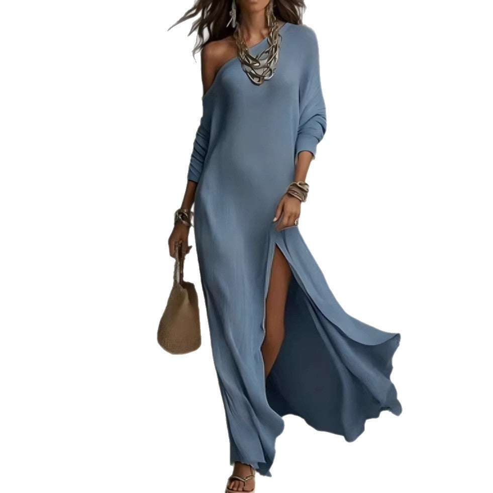Long Sleeve Knit Pleated Split Women's Dress