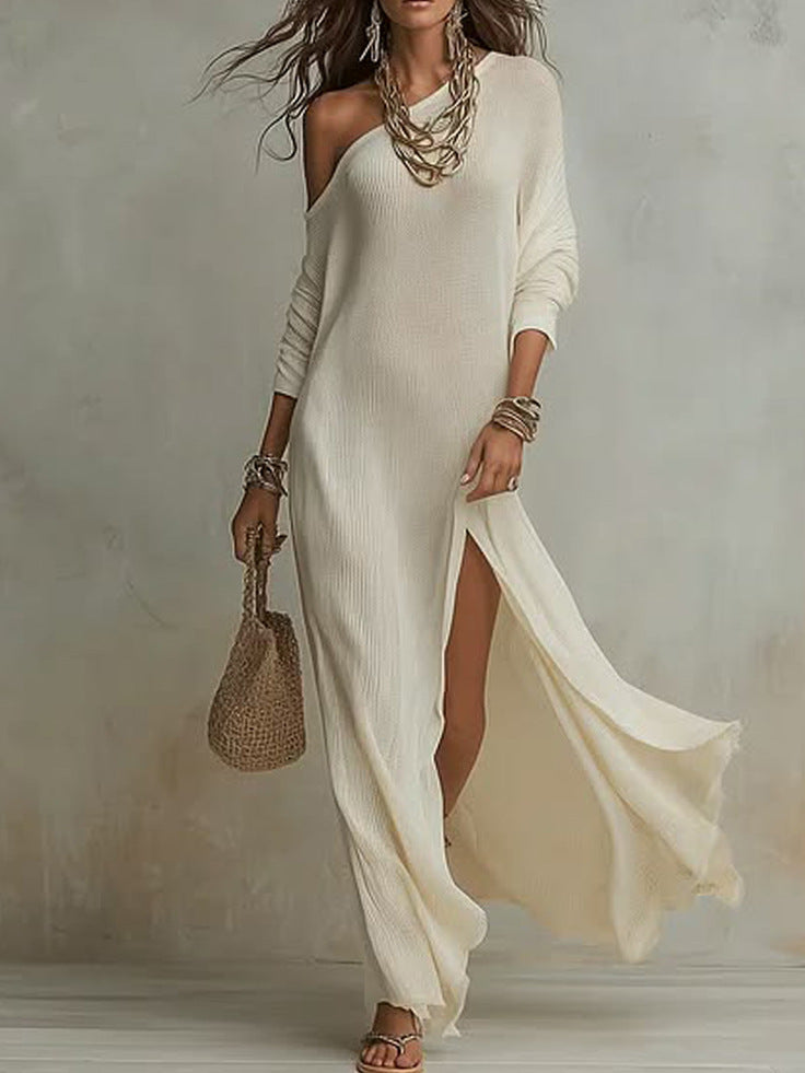 Long Sleeve Knit Pleated Split Women's Dress