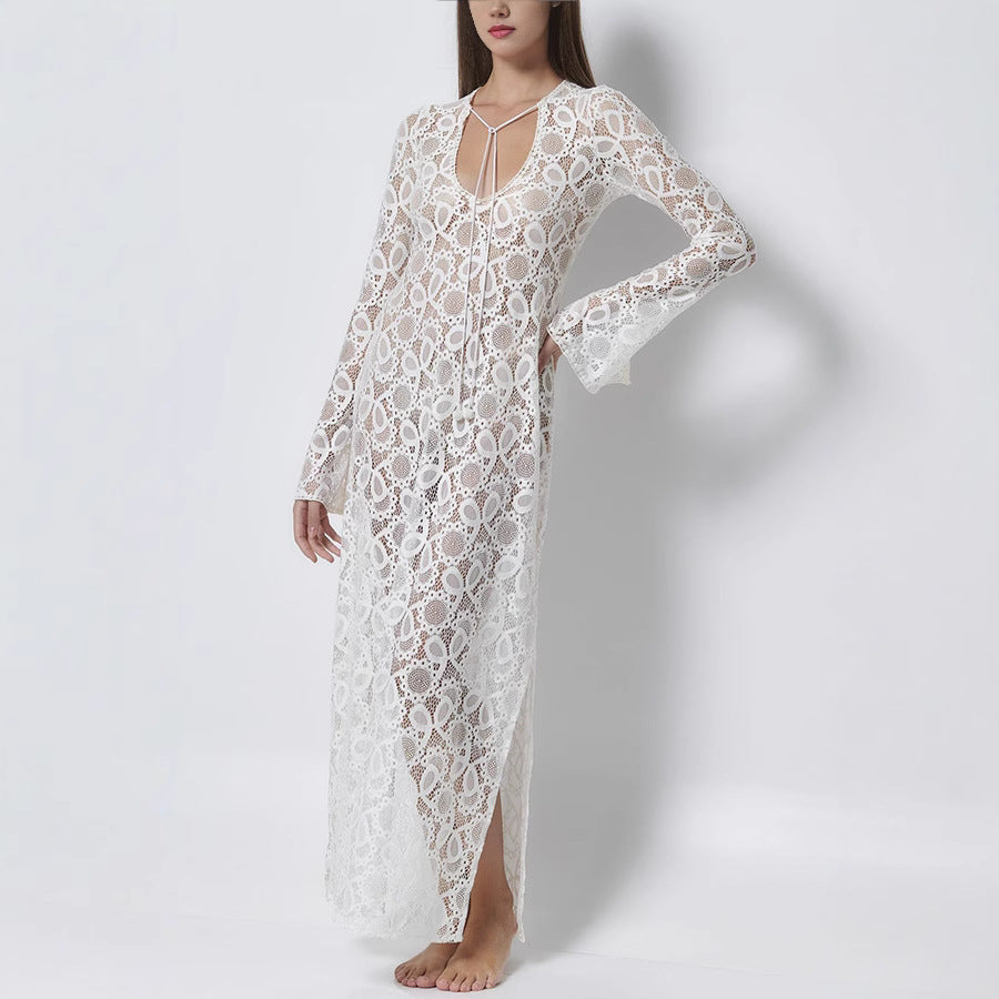Long Sleeve Tie-Up Dress, Casual Loose Vacation Split Dress
