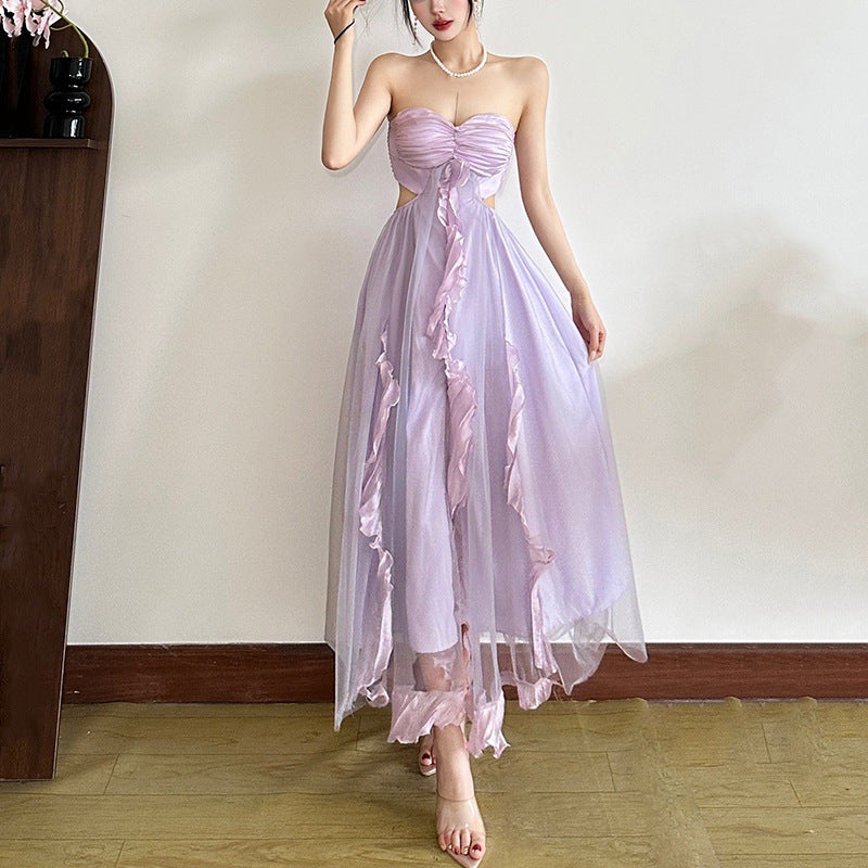 Elegant Sweet Pleated Hollow-Out Waist-Cutout Split Tulle Ruffled Strapless Dress Long Dress
