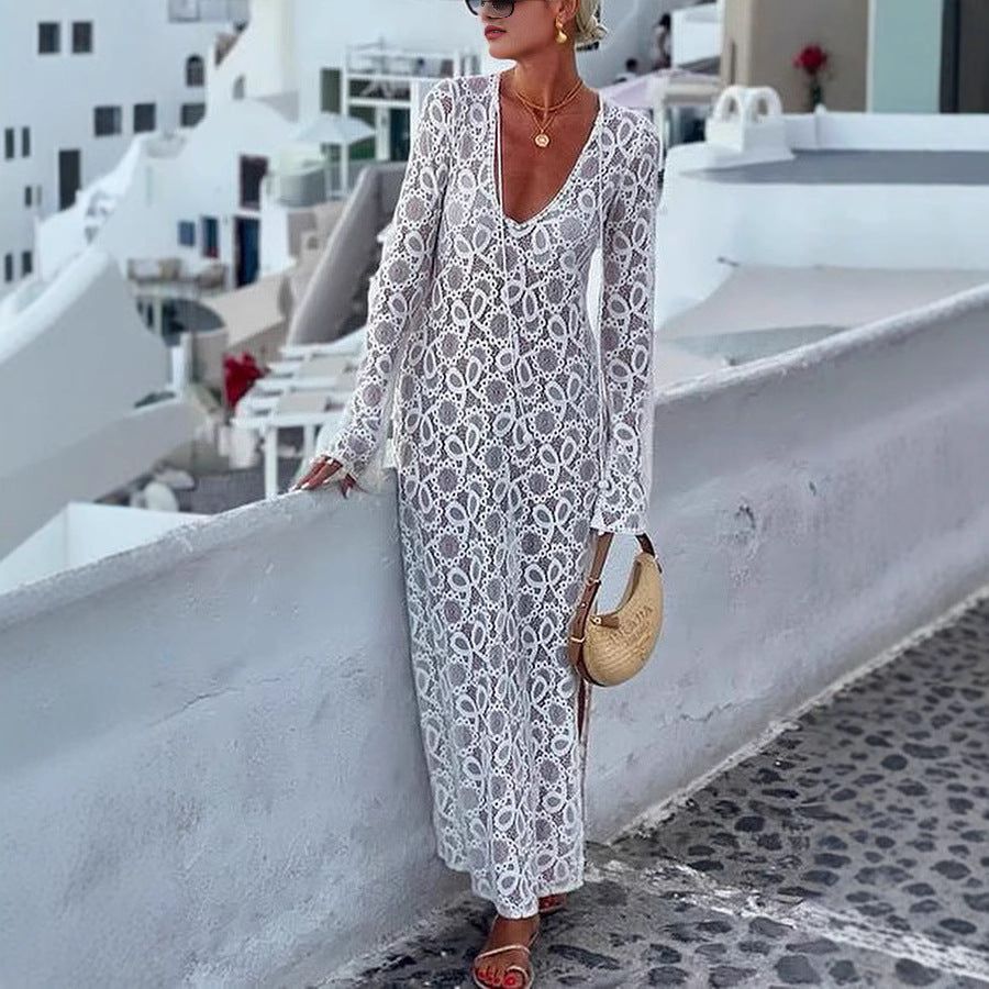 Long Sleeve Tie-Up Dress, Casual Loose Vacation Split Dress