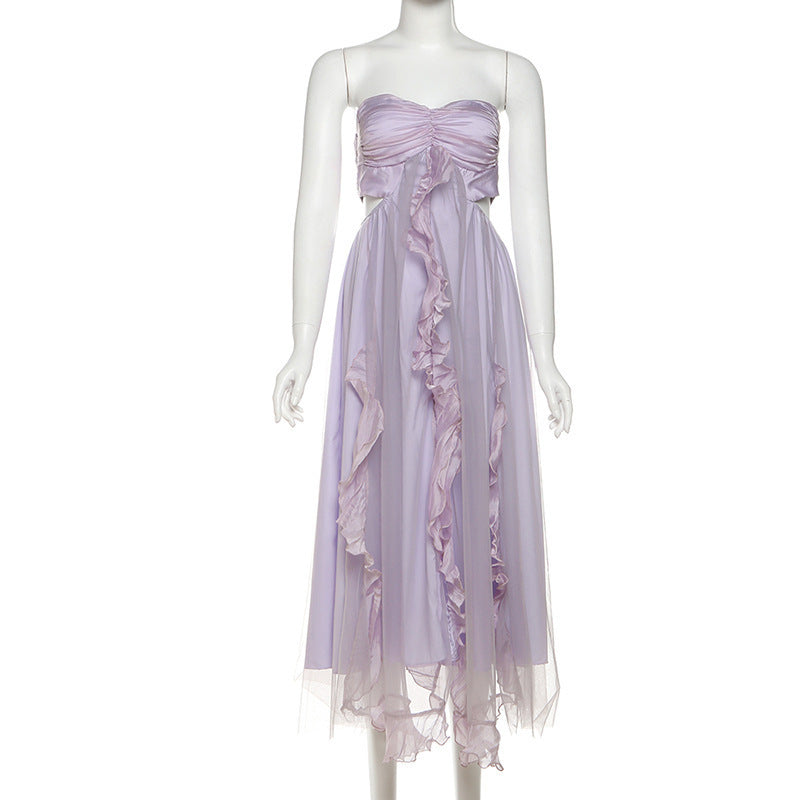 Elegant Sweet Pleated Hollow-Out Waist-Cutout Split Tulle Ruffled Strapless Dress Long Dress