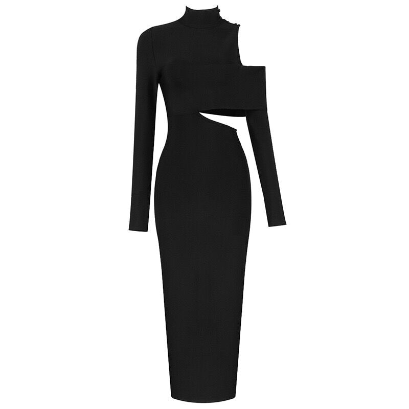 Women's New Slim Elegant Wrap Long Sleeve Hollow Out Sexy Casual High Split High Street Party Club Mid-Calf Dress