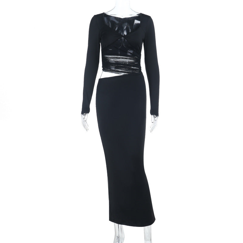 Hollow Splicing Long Sleeve Dress Women's Long Dress