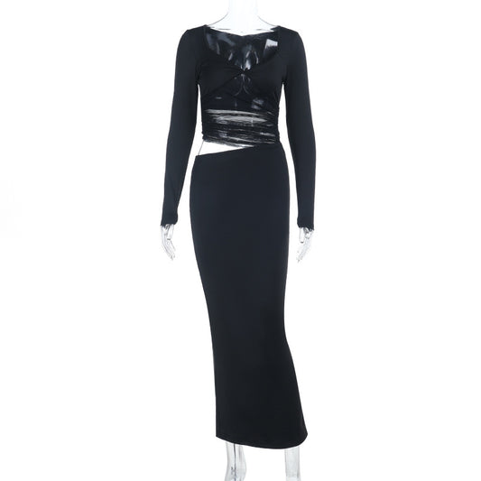 Hollow Splicing Long Sleeve Dress Women's Long Dress