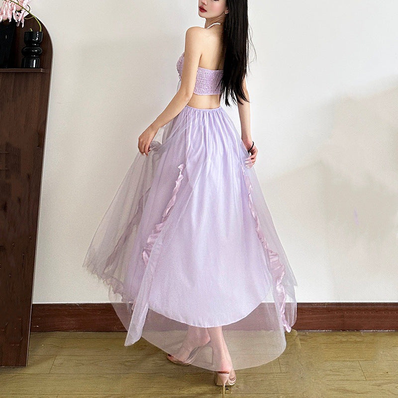 Elegant Sweet Pleated Hollow-Out Waist-Cutout Split Tulle Ruffled Strapless Dress Long Dress