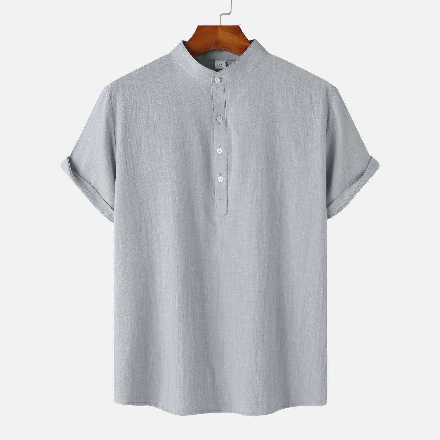 Summer Mens Cotton and Linen Standing Collar Casual Short Sleeved Shirt Beach T Shirt Shirt Mens Clothing