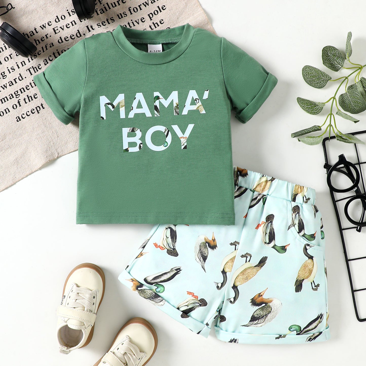 Children's Short Sleeve Set, Three-Color Letter Print T-Shirt and Shorts Two-Piece Set, Summer Outfit for Boys