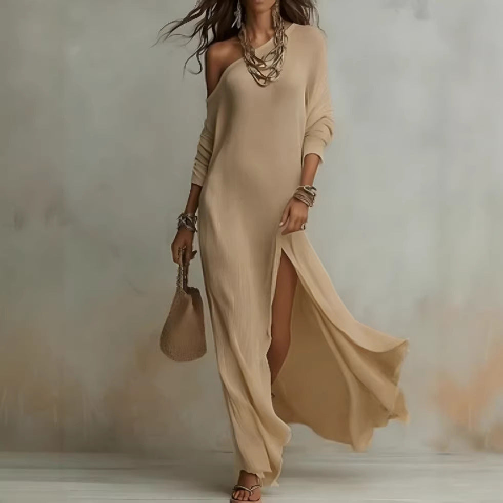 Long Sleeve Knit Pleated Split Women's Dress