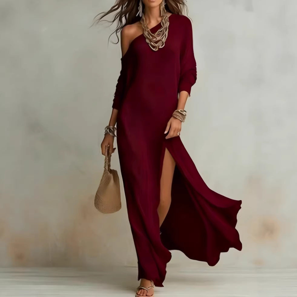 Long Sleeve Knit Pleated Split Women's Dress