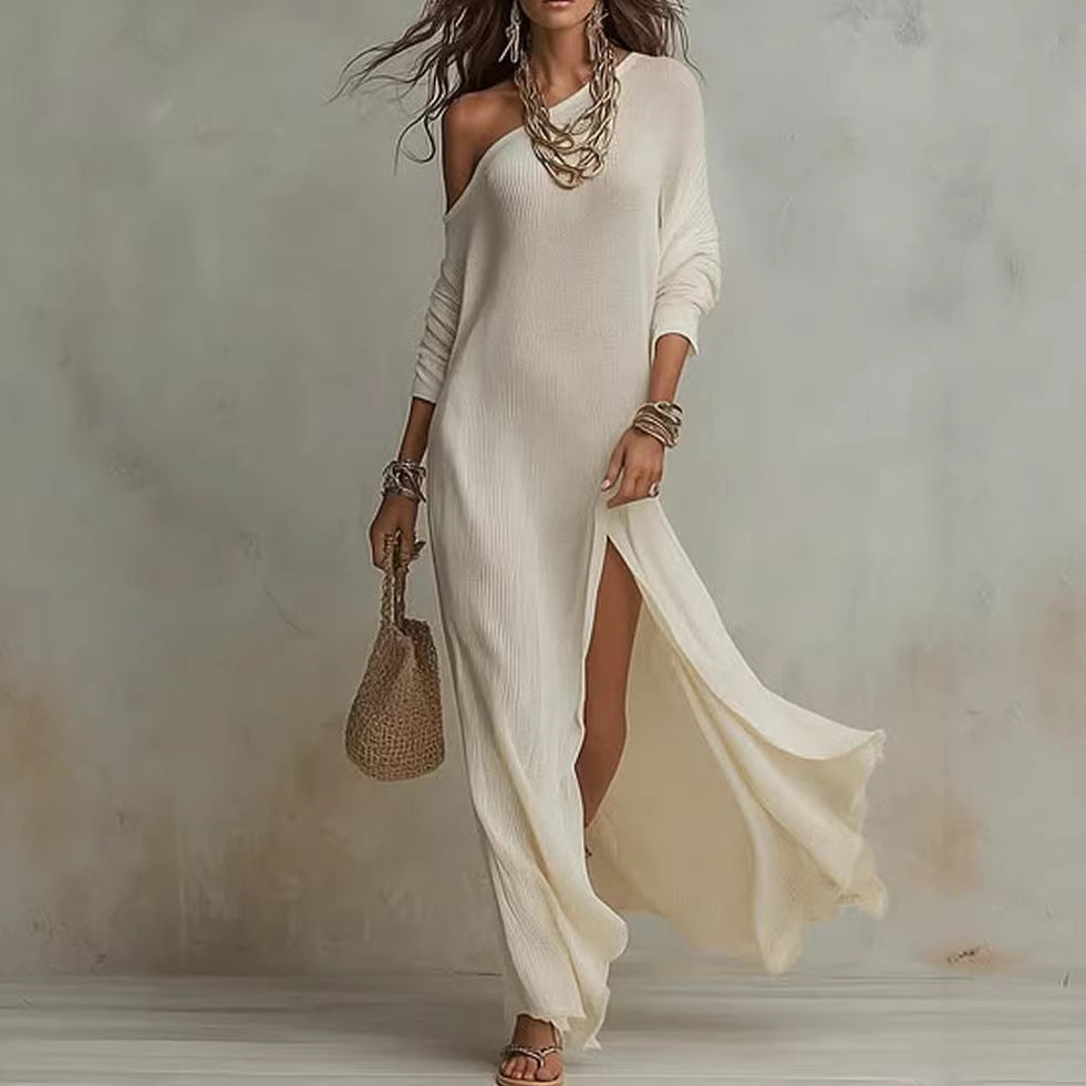 Long Sleeve Knit Pleated Split Women's Dress