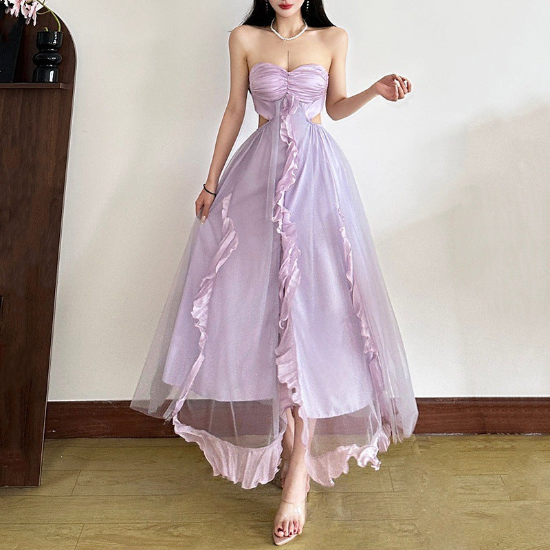 Elegant Sweet Pleated Hollow-Out Waist-Cutout Split Tulle Ruffled Strapless Dress Long Dress