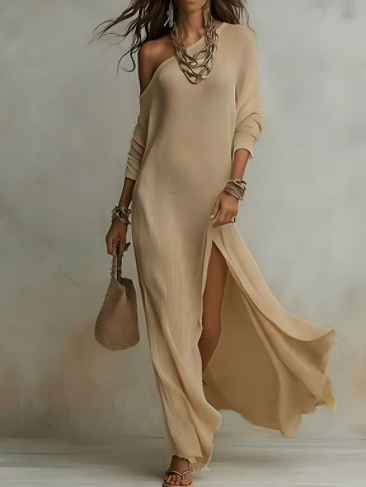 Long Sleeve Knit Pleated Split Women's Dress