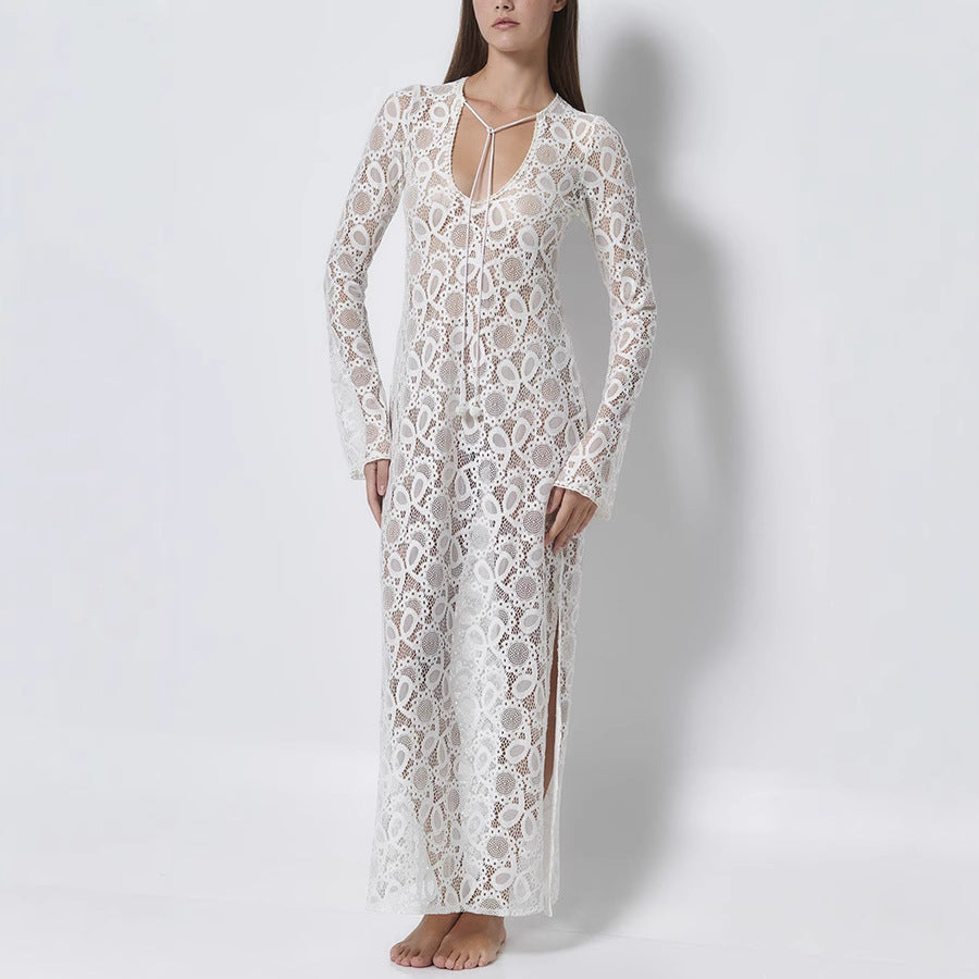 Long Sleeve Tie-Up Dress, Casual Loose Vacation Split Dress