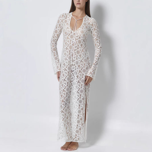 Long Sleeve Tie-Up Dress, Casual Loose Vacation Split Dress