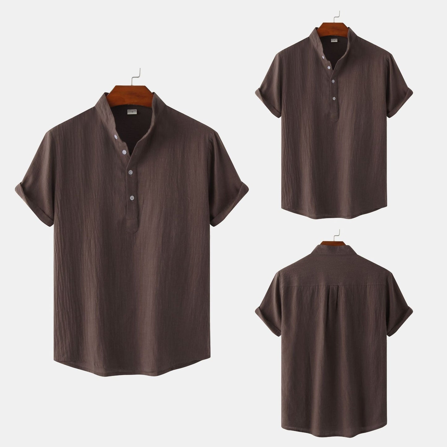 Summer Mens Cotton and Linen Standing Collar Casual Short Sleeved Shirt Beach T Shirt Shirt Mens Clothing