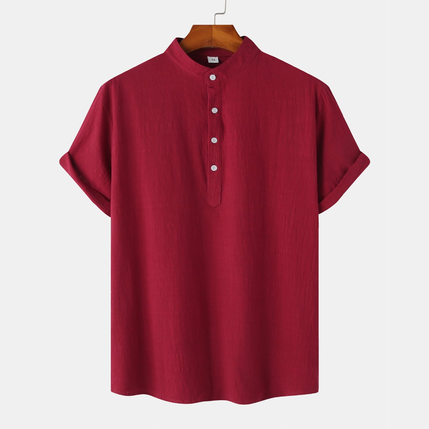 Summer Mens Cotton and Linen Standing Collar Casual Short Sleeved Shirt Beach T Shirt Shirt Mens Clothing
