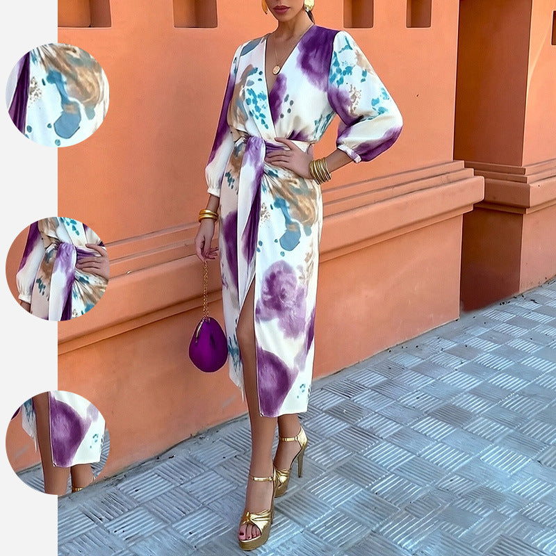 Long Sleeve Shirt with Split Long Dress Two-Piece Outfit