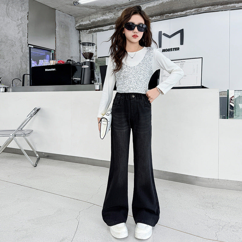 Girls' Flared Jeans, Casual Pants for Middle and Older Children