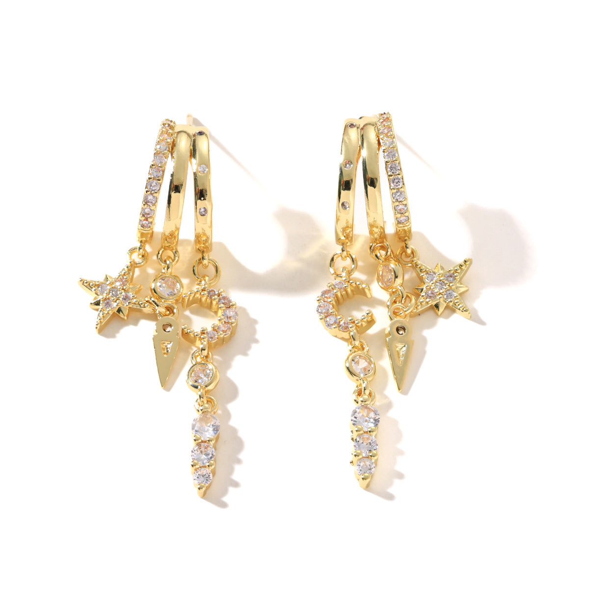 Star and Moon Asymmetric Earrings Set of 3, Cubic Zirconia Stud and Clip-On Earrings
