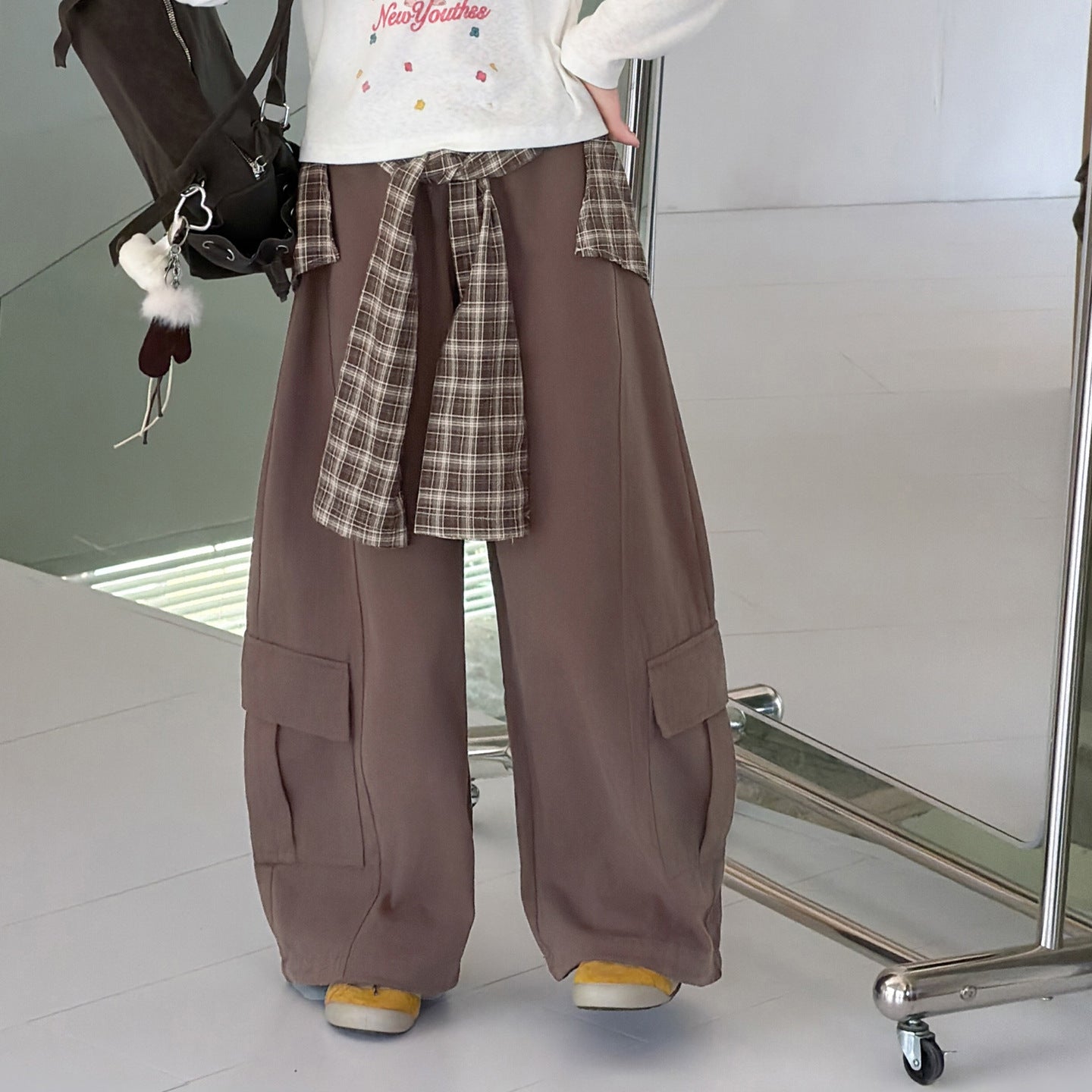 Girls' Wide-Leg Pants Set, Plaid Cargo Pants, Jazz Dance Kids' Sports Trousers