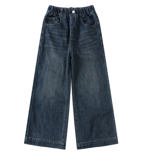 Girls' Denim Wide-Leg Pants Straight Loose Long Pants Stylish Children's Trousers Trendy