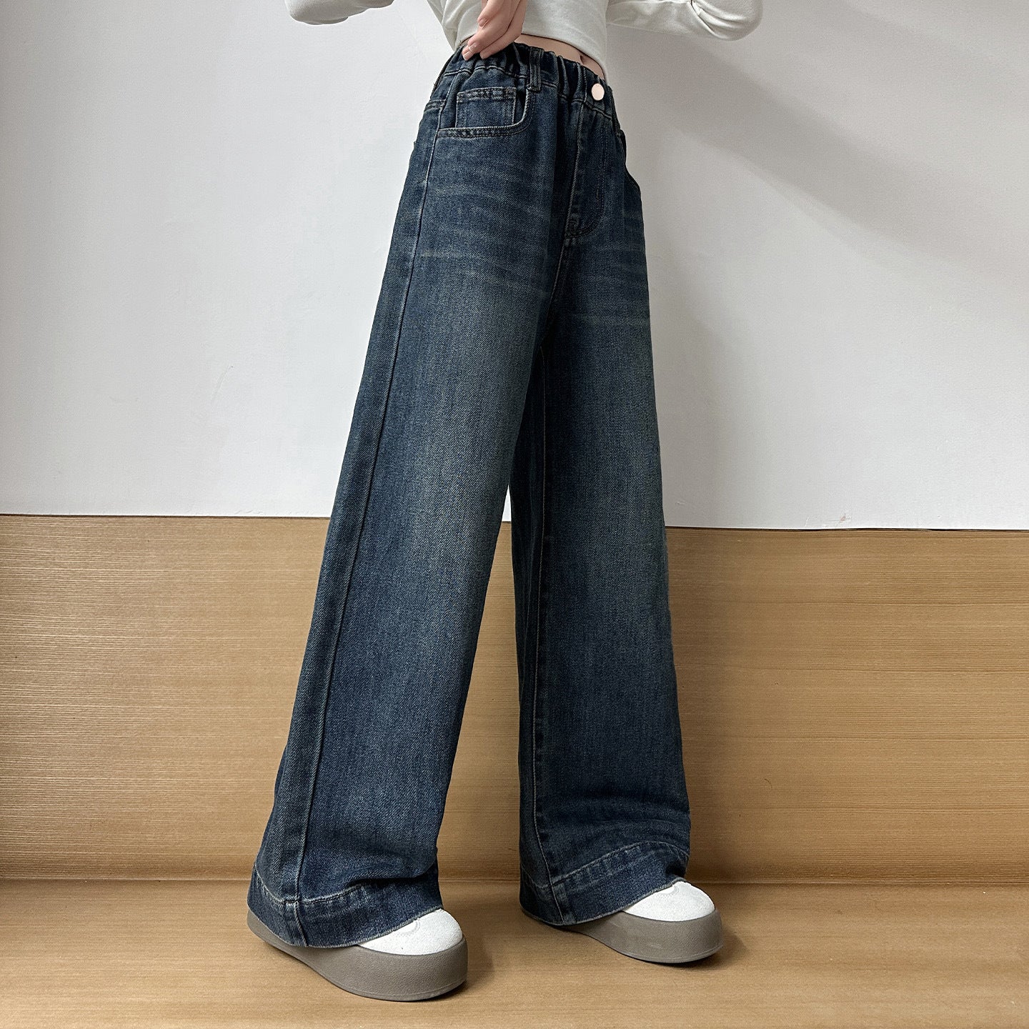 Girls' Denim Wide-Leg Pants Straight Loose Long Pants Stylish Children's Trousers Trendy