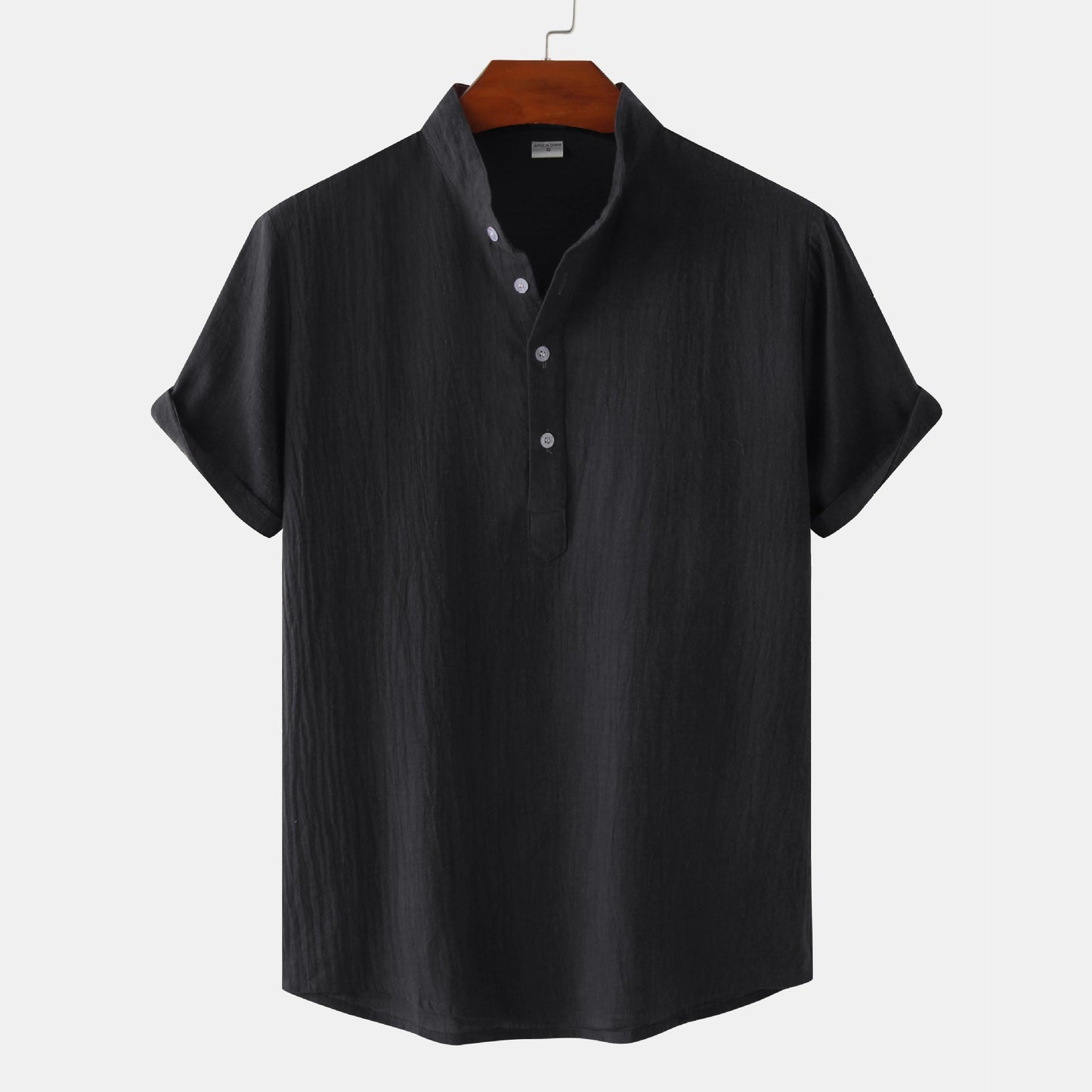 Summer Mens Cotton and Linen Standing Collar Casual Short Sleeved Shirt Beach T Shirt Shirt Mens Clothing