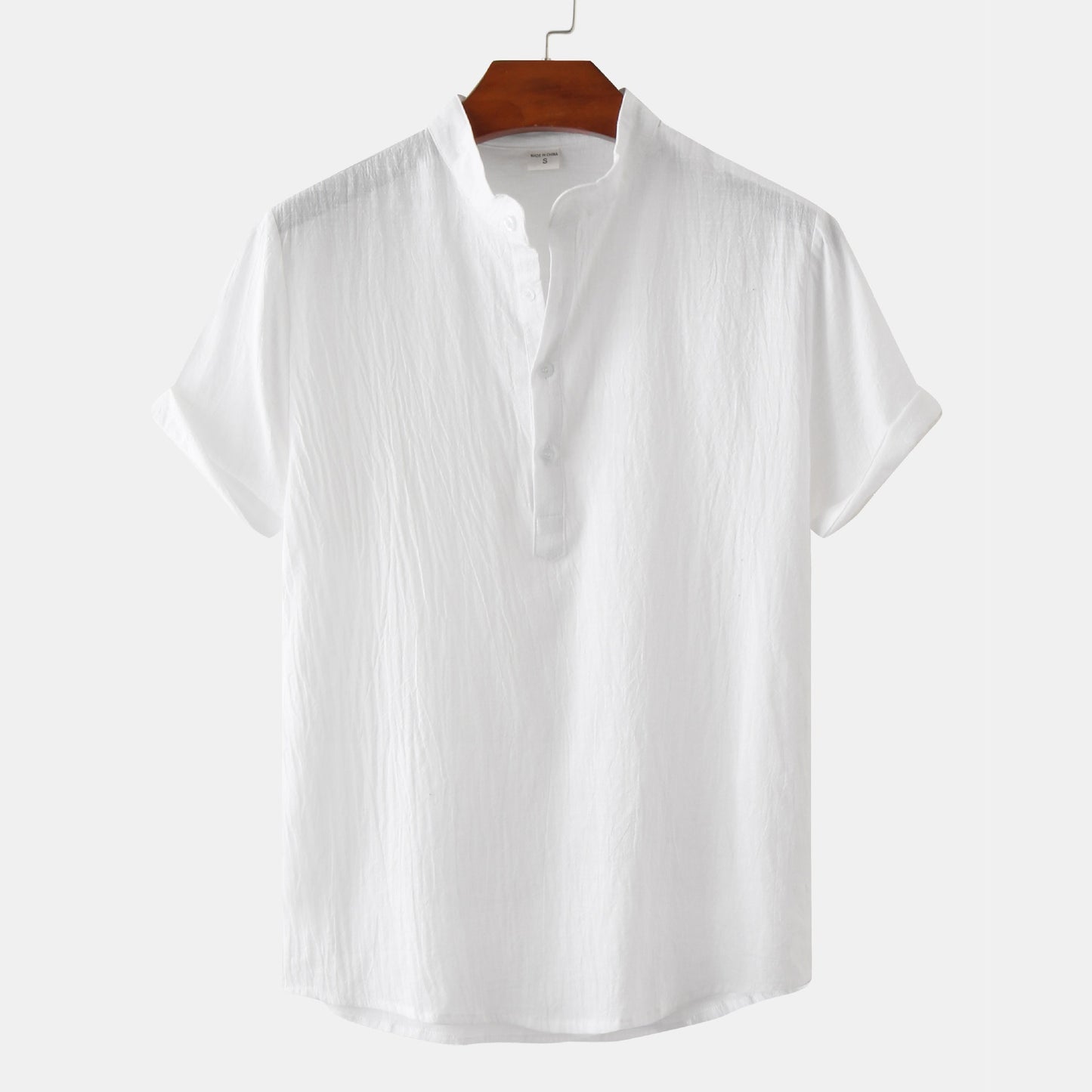 Summer Mens Cotton and Linen Standing Collar Casual Short Sleeved Shirt Beach T Shirt Shirt Mens Clothing