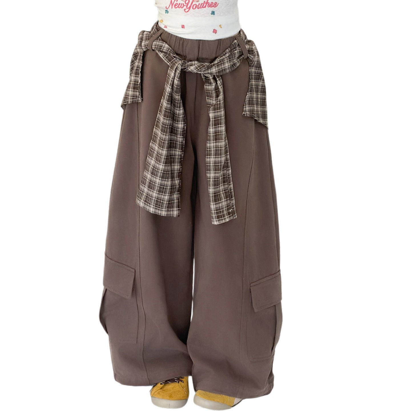 Girls' Wide-Leg Pants Set, Plaid Cargo Pants, Jazz Dance Kids' Sports Trousers