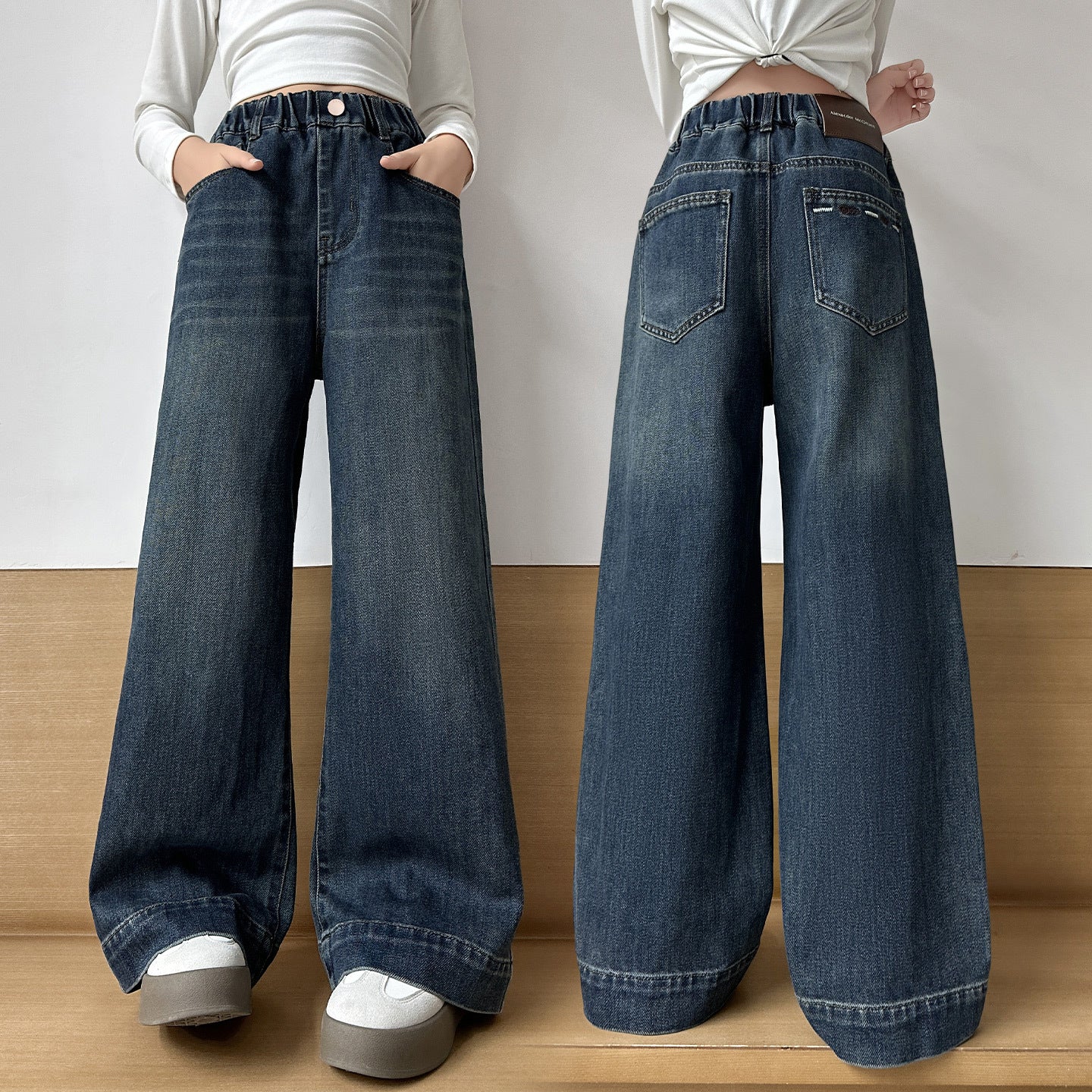 Girls' Denim Wide-Leg Pants Straight Loose Long Pants Stylish Children's Trousers Trendy