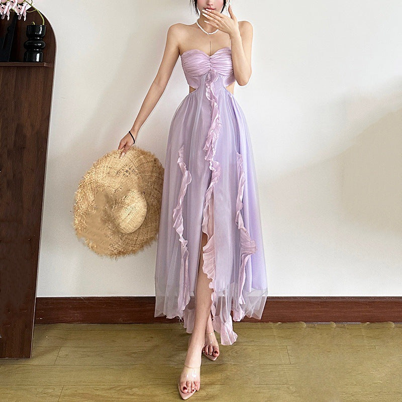 Elegant Sweet Pleated Hollow-Out Waist-Cutout Split Tulle Ruffled Strapless Dress Long Dress