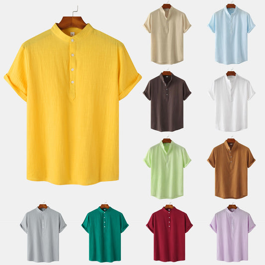 Summer Mens Cotton and Linen Standing Collar Casual Short Sleeved Shirt Beach T Shirt Shirt Mens Clothing