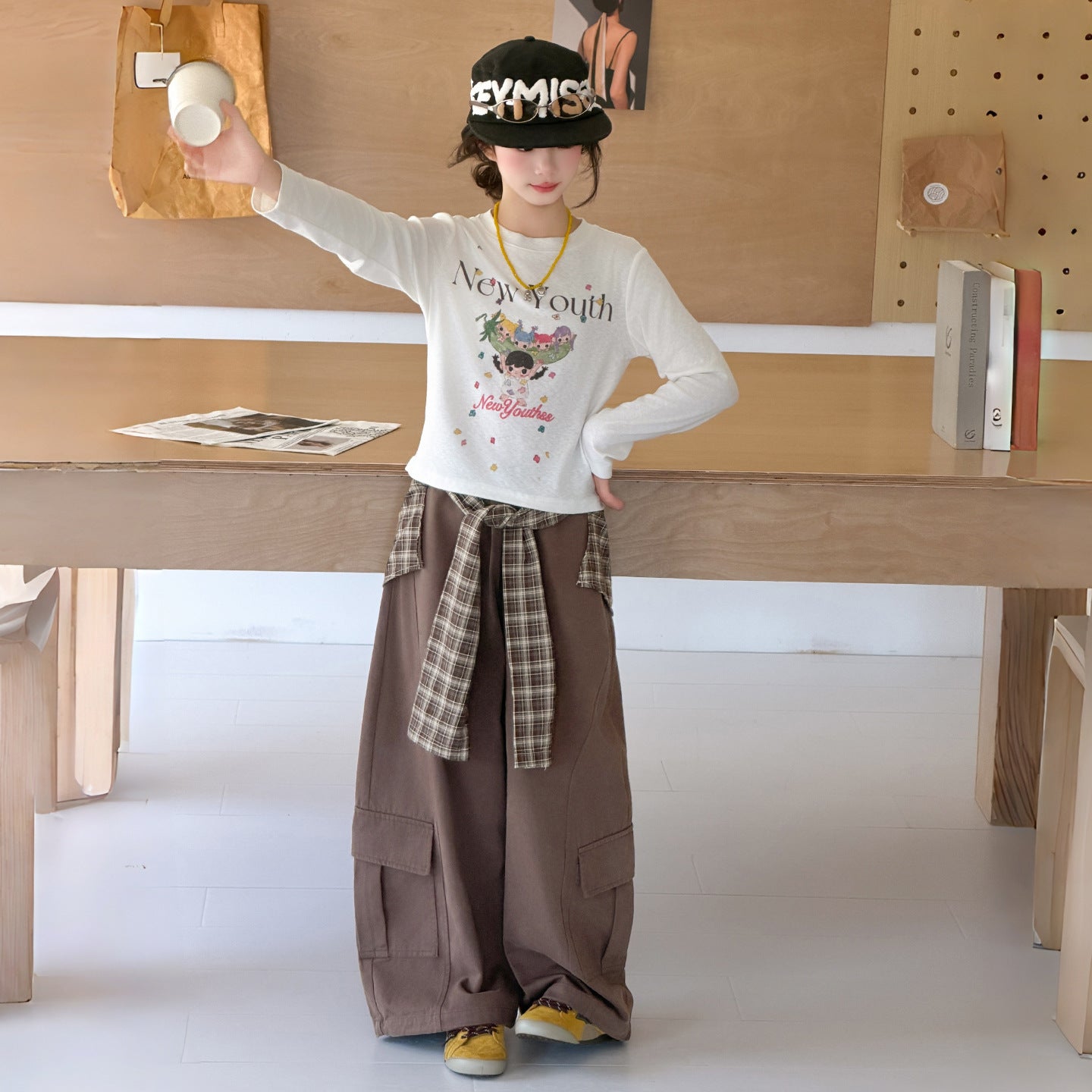 Girls' Wide-Leg Pants Set, Plaid Cargo Pants, Jazz Dance Kids' Sports Trousers