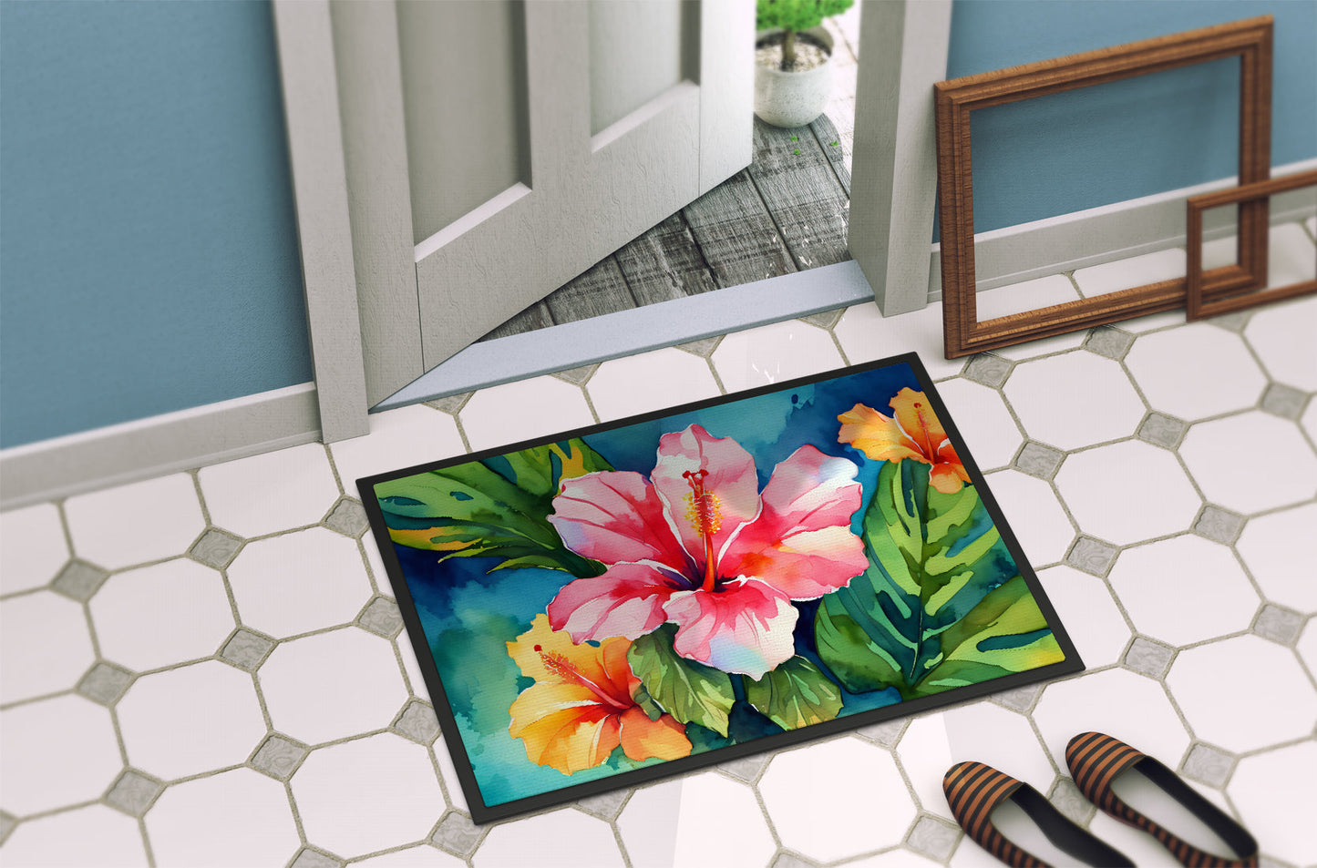 Hawaii Hawaiian Hibiscus in Watercolor Doormat